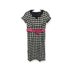 Etcetera Black and White Houndstooth Dress with Pink Belt